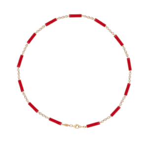 DI PAROSSO Red necklace yellow gold set with 36 brilliant cut natural diamonds and 13 natural cut red stones.