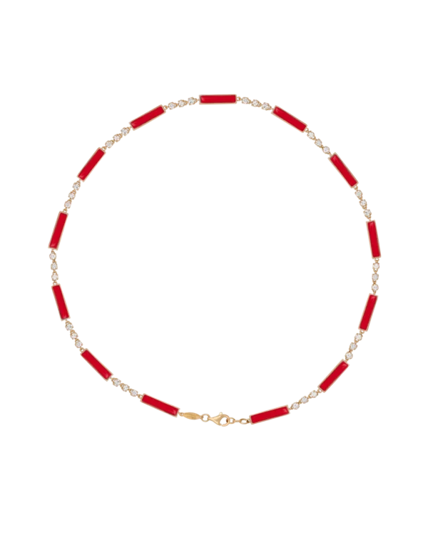 DI PAROSSO Red necklace yellow gold set with 36 brilliant cut natural diamonds and 13 natural cut red stones.