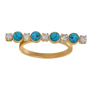 DI ACQUA Ring no 3 Yellow Gold, set with 5 brilliant cut natural diamonds and 4 natural cut of fairuz stones.