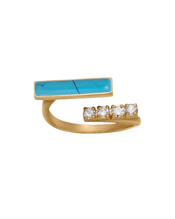 DI ACQUA Ring no 4 yellow gold, set with 4 brilliant cut natural diamonds, and 1 natural cut of fairuz stones.