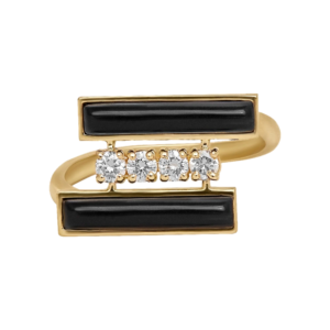 DI FORZA ring design no 1, Yellow Gold, set with 4 brilliant cut natural diamonds and 2 natural cut black onyx stones.