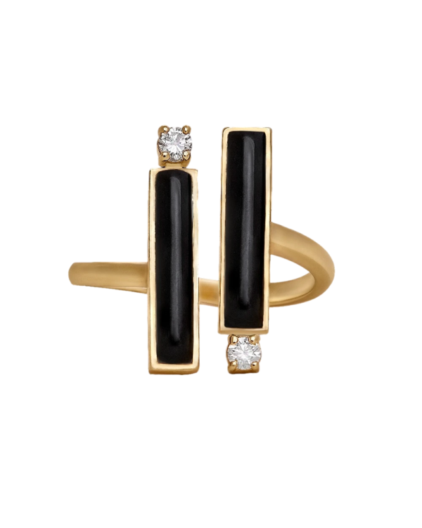 DI FORZA Ring no2 Yellow Gold, set with 2 brilliant cut natural diamonds and 2 natural cut of black onyx stones.