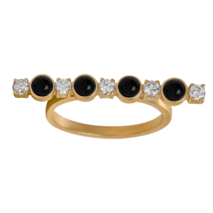 DI FORZA Ring no3 yellow gold set with 5 brilliant cut natural diamonds, and 4 natural cut of black onyx stones.