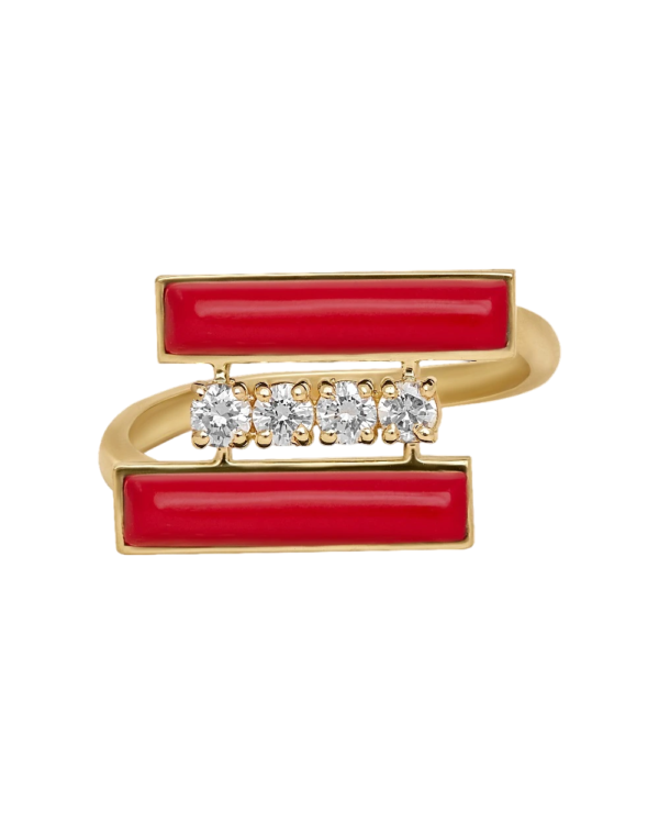 DI PAROSSO Ring no1 Yellow Gold, set with 4 brilliant cut natural diamonds and 2 natural cut red stones.