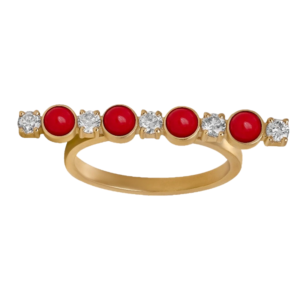 DI PAROSSO Ring no3 yellow gold set with 5 brilliant cut natural diamonds and 4 natural cut of red stones.