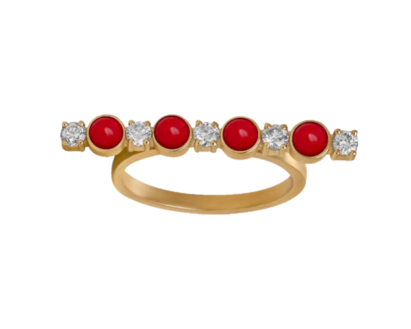 DI PAROSSO Ring no3 yellow gold set with 5 brilliant cut natural diamonds and 4 natural cut of red stones.