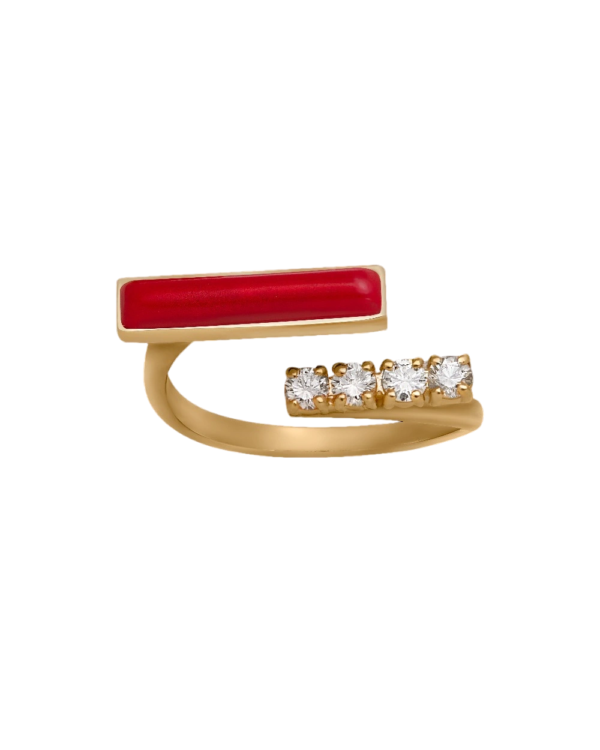 DI PAROSSO Ring no 4 Yellow gold set 4 brilliant cut natural diamonds and 1 natural cut of red stones.