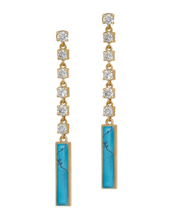 DI ACQUA Long pair earing Blue yellow gold set with 12 natural cut brilliant diamond and 2 fairuz stone