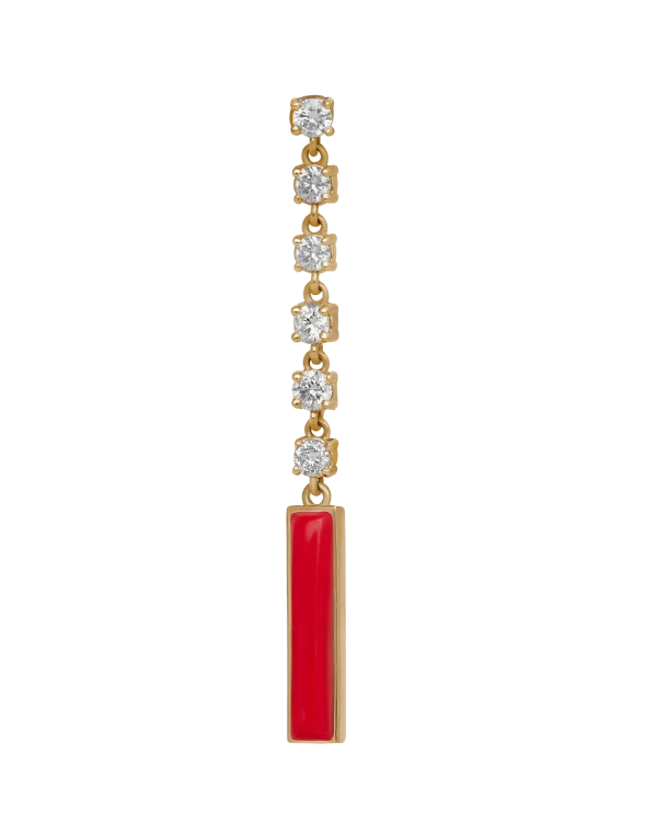 DI PAROSSO Long red piece earring yellow gold set with 6 brilliant cut natural diamond and one cut of red stones.