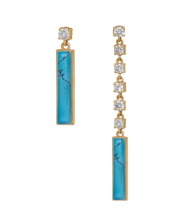 Pair of DI ACQUA blue earring one short and one long yellow gold set with natural diamond and fairuz stone