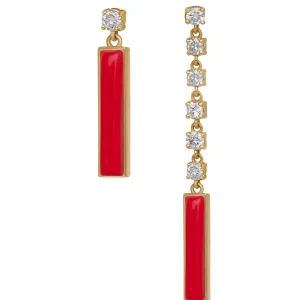 DI PAROSSO pair red earring one short one long, yellow gold set with set with 7 brilliant cut natural diamonds, and 2 natural cut red stone.